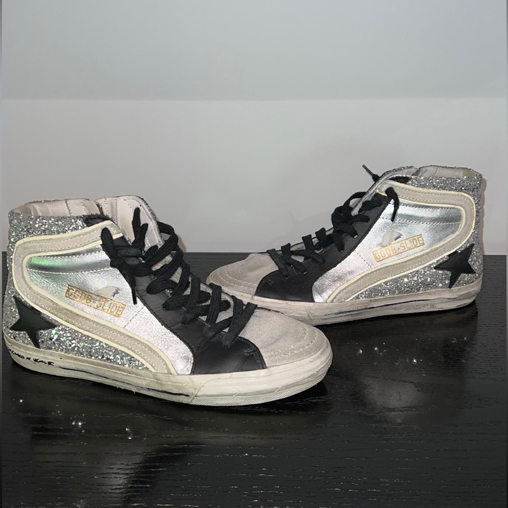 Golden Goose Slides Black/Silver Leather Glitter Sneakers EUR 38